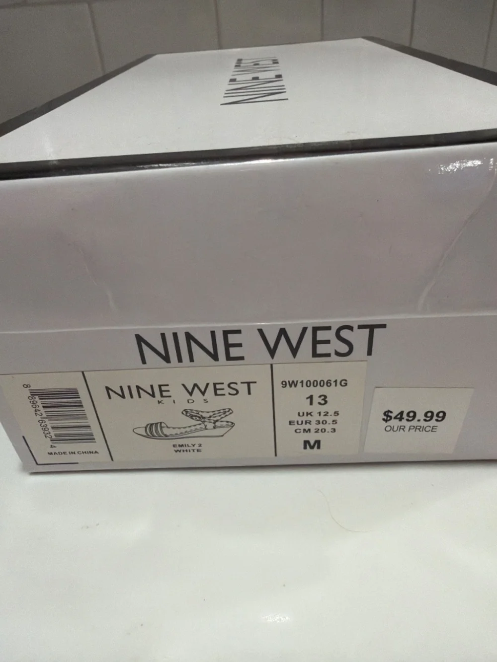 Nine West Girls 13 Emily 2 White wedge sandal with silver glitter. New in box